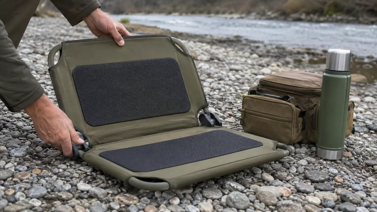 Hands unfolding a folding camp chair on a gravel riverbank, a tackle bag and a thermos beside it, river flowing behind