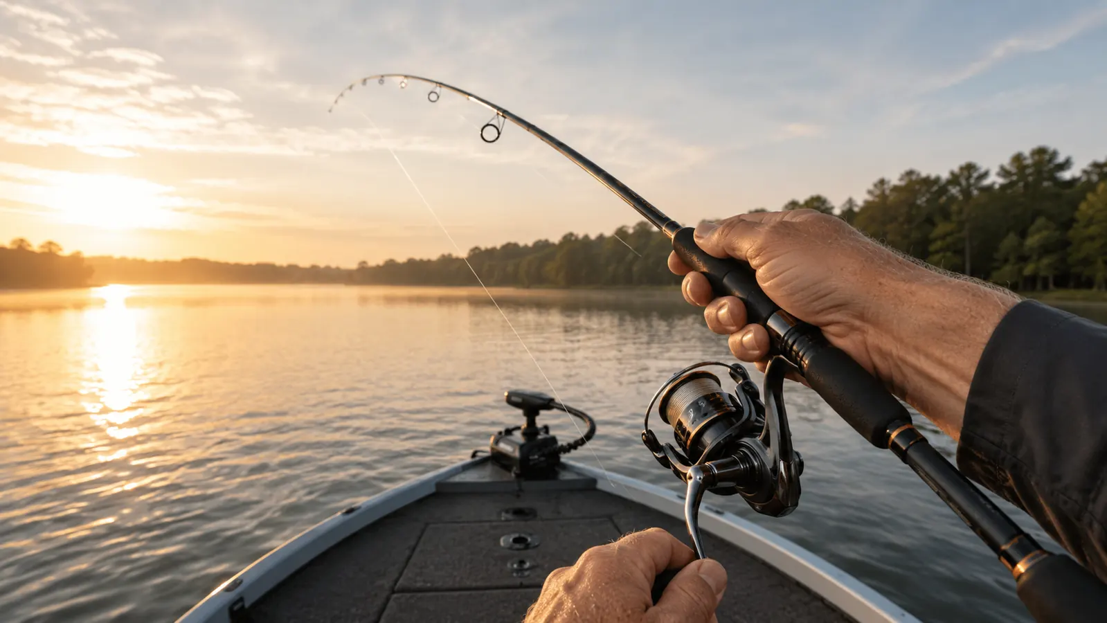 A fisherman's hand mid-cast gripping a spinning rod and reel combo raised above the front deck of a boat on a calm lake at morning
