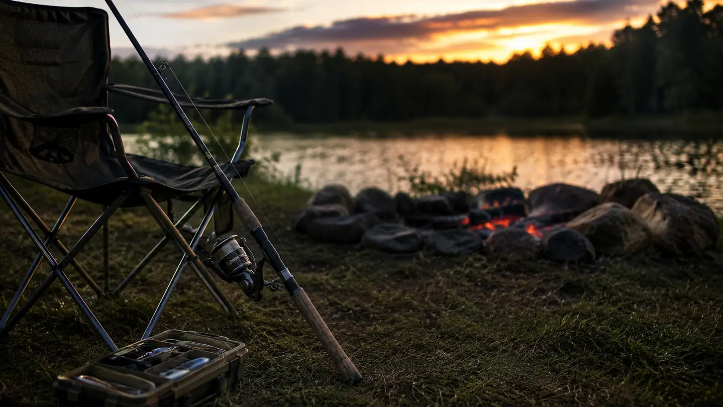 A rod and reel combo leaned against a folding camp chair on a grassy lakeside bank at dusk, a tackle box and low fire ring nearby