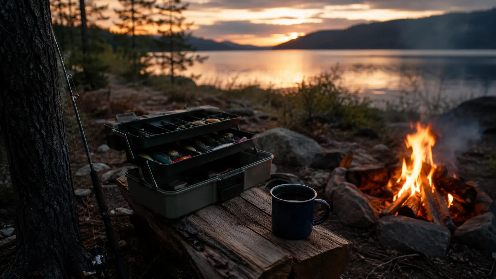 The tackle box sitting on a split-log table at a lakeside campsite, a tin coffee mug beside it and a rod leaning on a tree, dusk