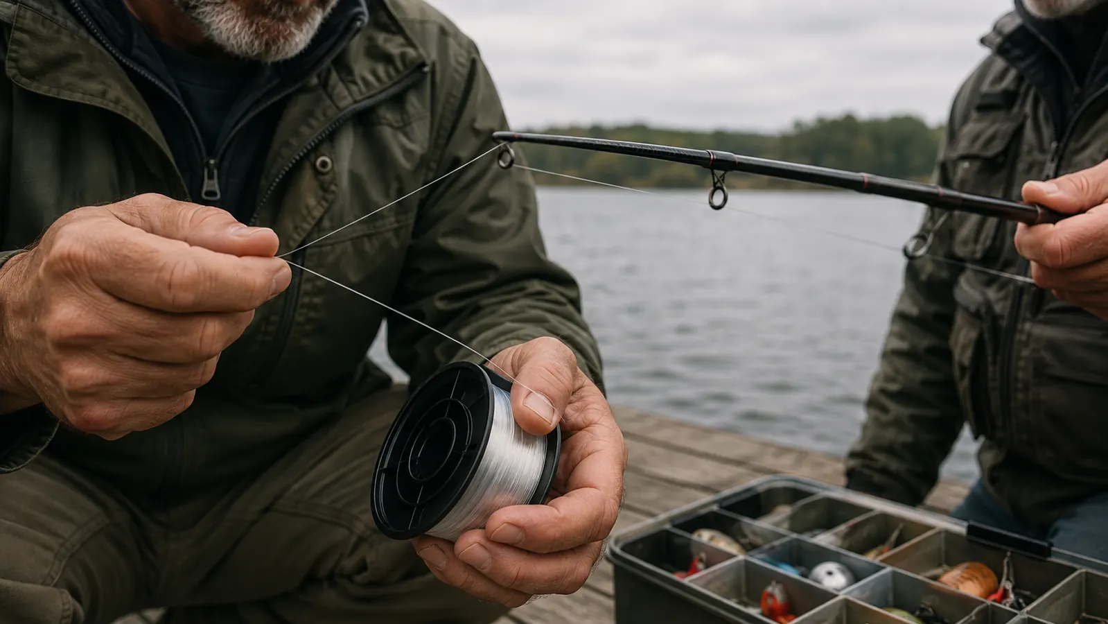 Hands passing line from a line spool through the guides of a fishing rod held by a second angler on a dock