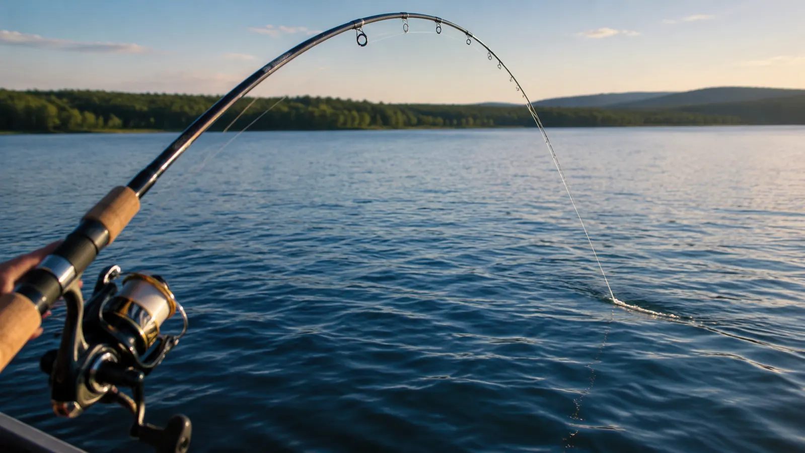 A fishing rod bowed hard over open water during a hookset, the line cutting a thin wake through the surface