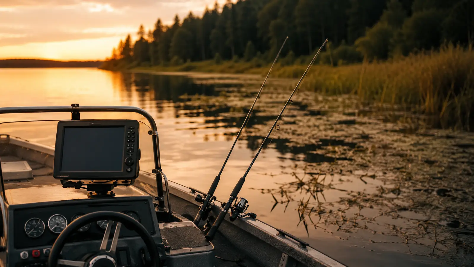A fishing boat anchored off a weedy point at golden hour, rods leaning over the gunwale into calm water reflecting warm light