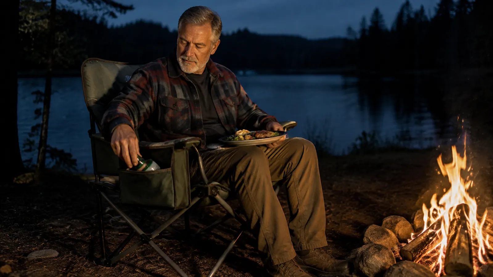 An angler in his sixties sits in the folding chair by the fire at dusk, a supper plate on one knee and a hand on the armrest cooler pocket.