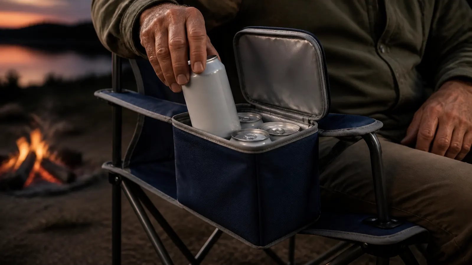 A hand lifting a drink can out of the open armrest cooler pocket of a camping chair beside a glowing campfire at dusk