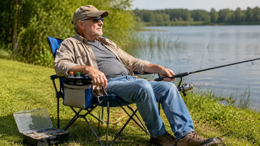 An angler leans back in the camp chair with a spinning rod across his knees, the arm cooler pouch open with a couple of drinks inside, a tackle box open on the bank beside the chair.
