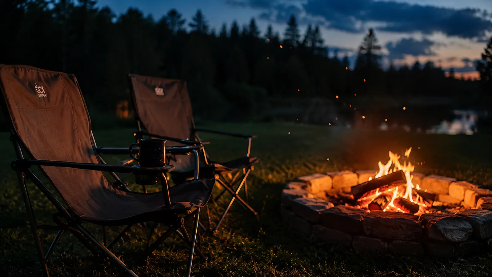 Two folding camp chairs pulled up to a glowing campfire at dusk, a ceramic coffee mug perched on one chair armrest, low orange flames, dark treeline behind, sparks rising into the evening sky.