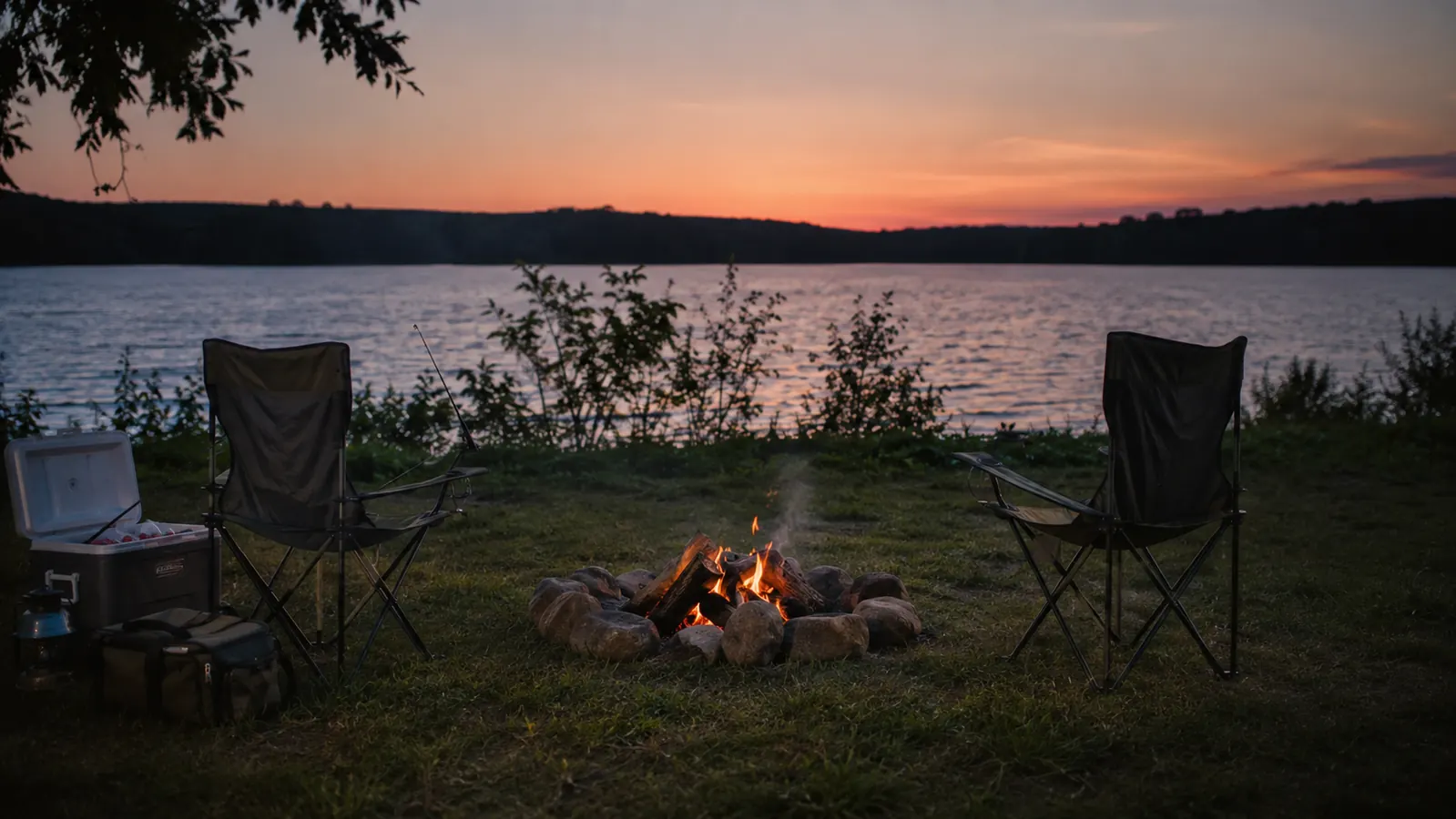 Two camp chairs pulled up to a low campfire ring on level grass at dusk, an open cooler and a tackle bag nearby, last light across a lake.