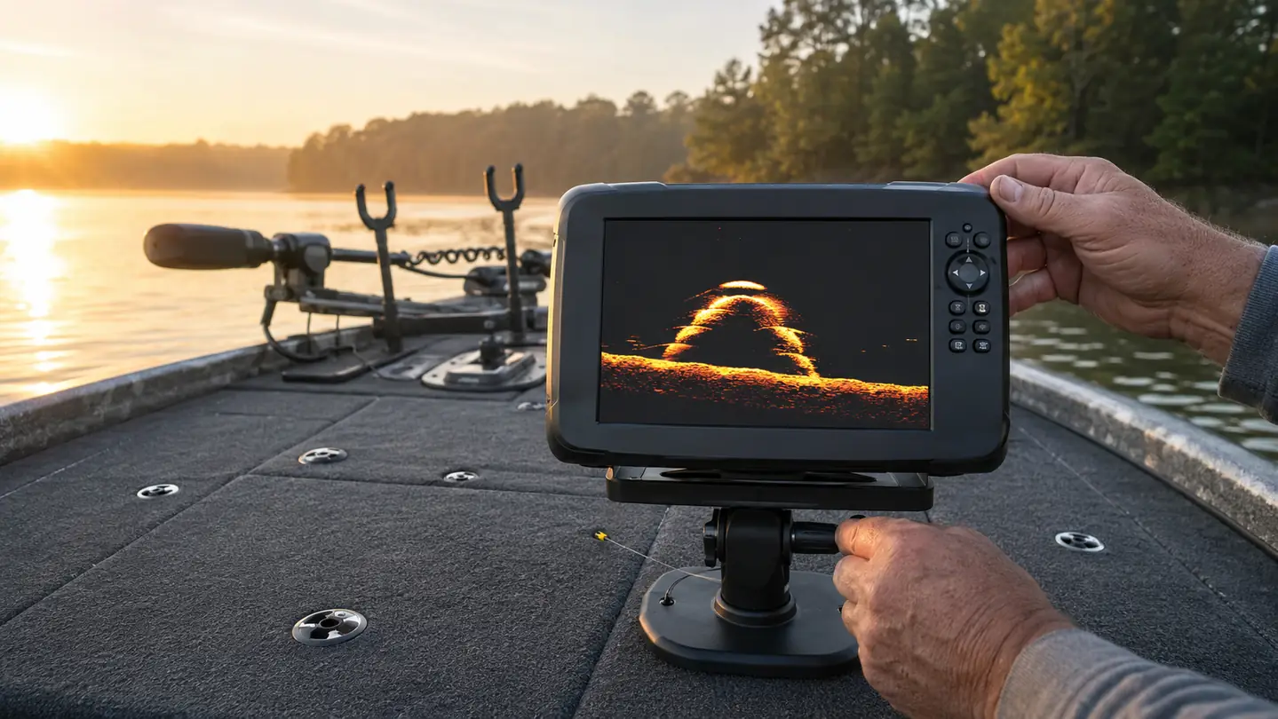 The fish finder screen mounted on the bow of a bass boat showing a sonar readout over dark water