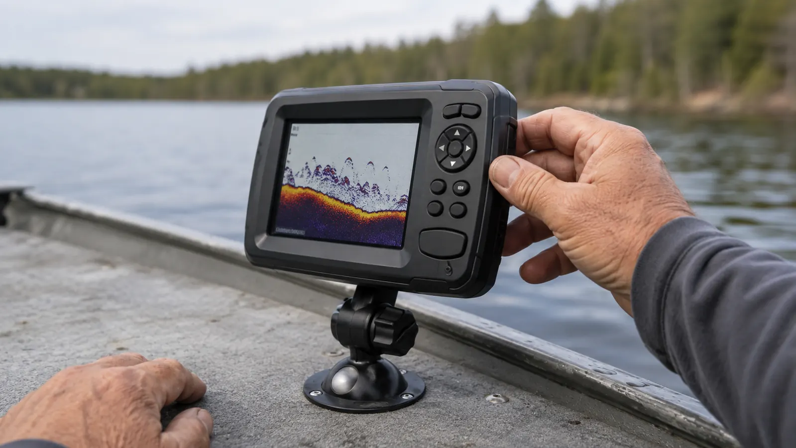 An angler's hand steadying a small fish finder on a ball mount at the deck of a boat while the unit shows a sonar bottom return
