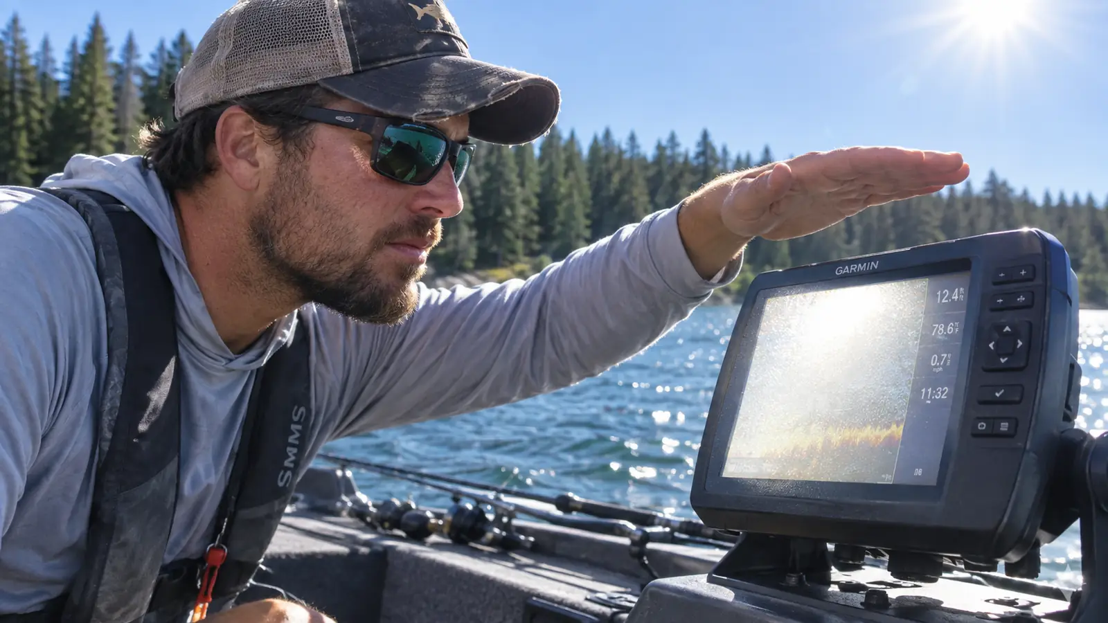 A fish finder display reading as a pale mirror in direct afternoon sun, with the angler's hand raised to shade it