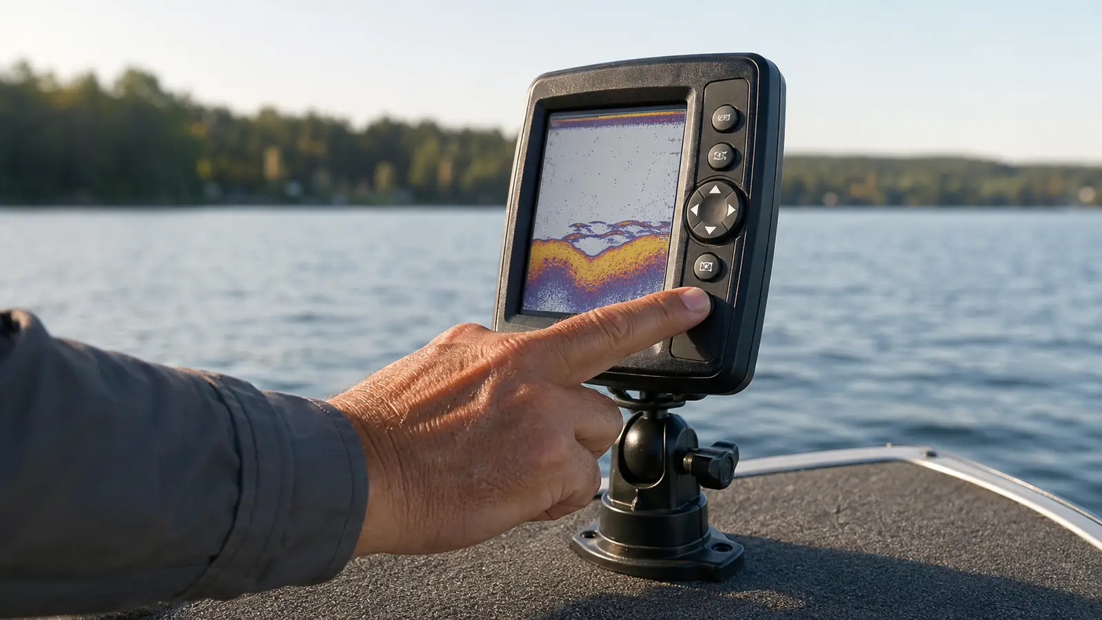 A hand reaches to press a button on the fish finder mounted on the bow, sonar readout visible on the screen