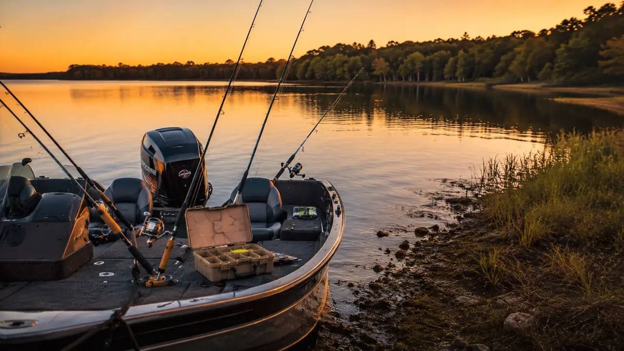 The boat anchored at dusk off a grassy point, rods in holders and an open tackle box on the deck