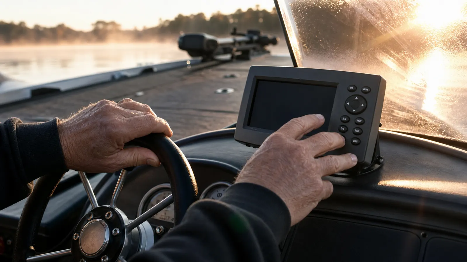 Angler's hand at the helm console beside a mounted fish finder on a bass boat in early morning light.