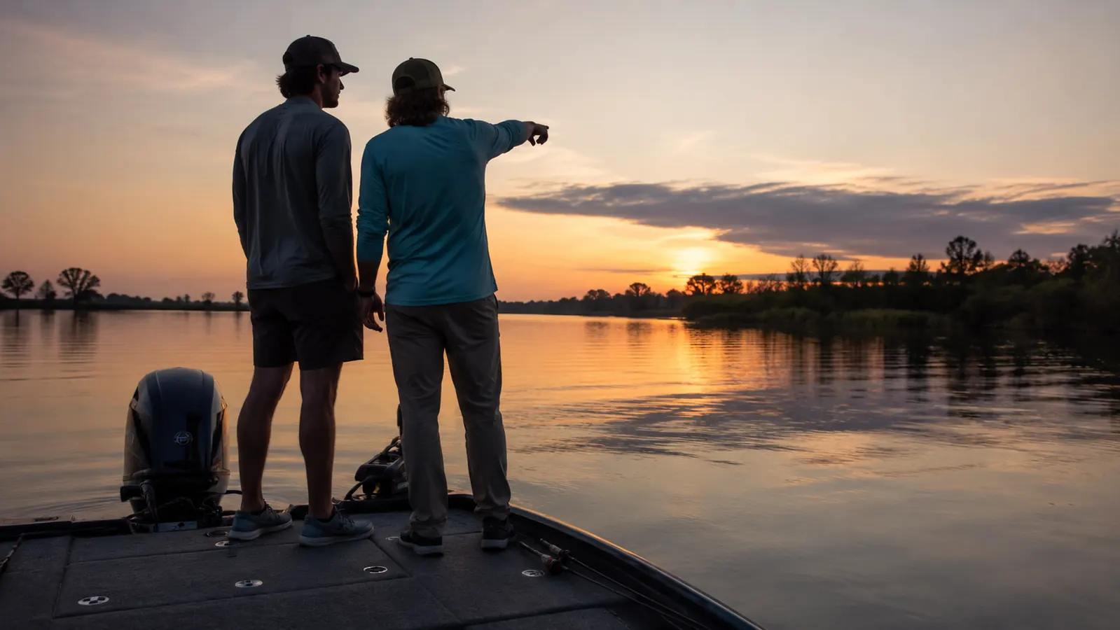 Two anglers standing on the back deck of a boat at dusk, one pointing out across flat water.