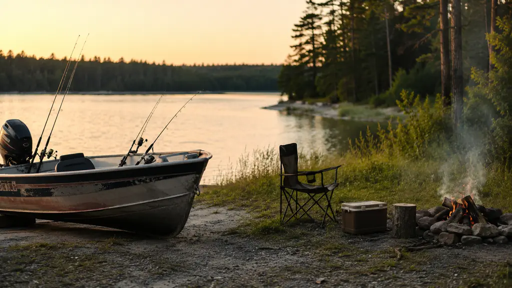 A bass boat pulled up on the bank at dusk with rods standing in the rod holders and a tackle box open on the seat