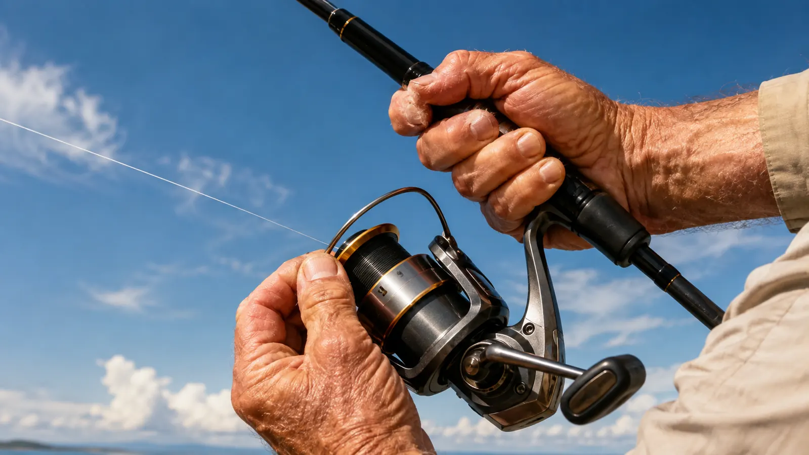 Close view of an angler's hand on the spinning combo, thumb lightly touching the spool lip while the line peels off a smooth cast