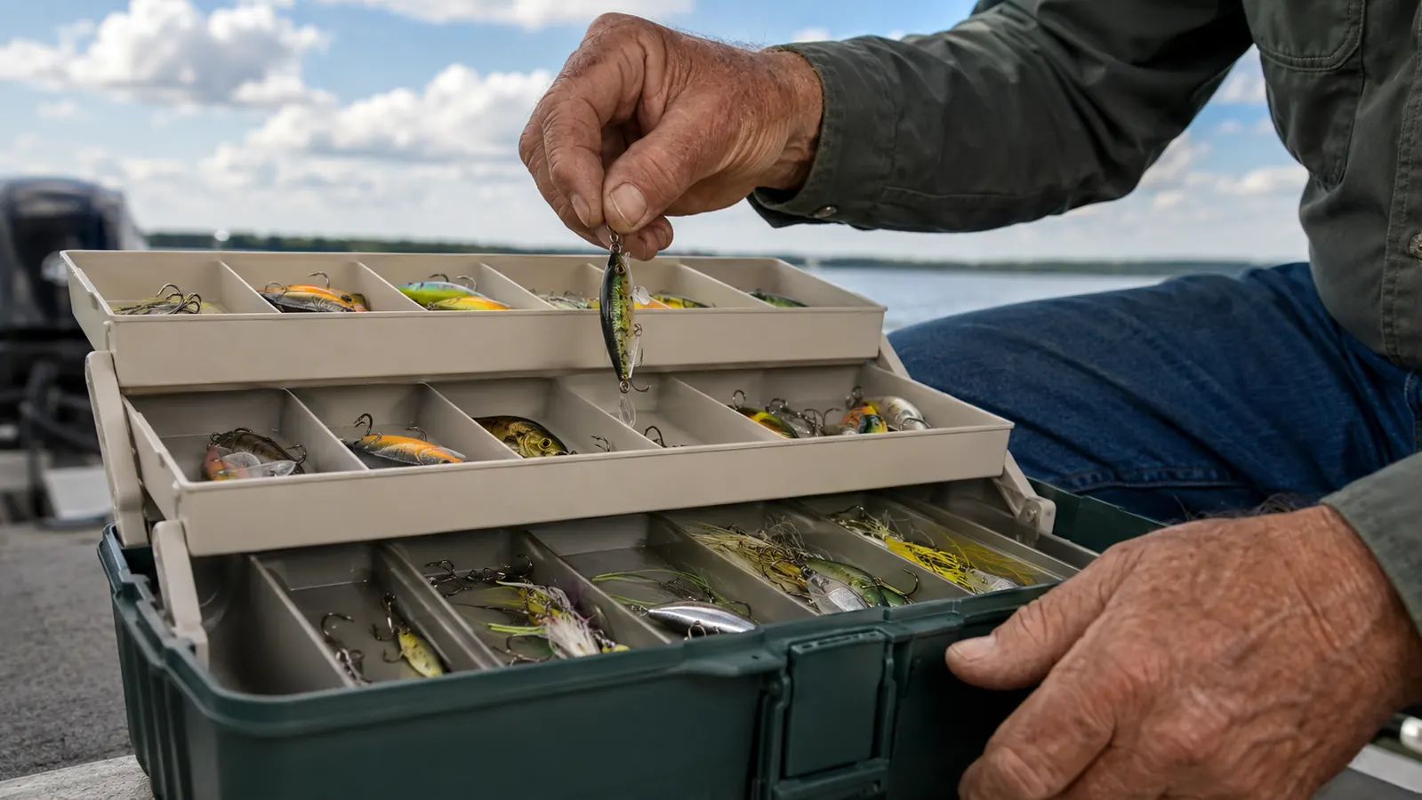 A close view of an angler's hand reaching into an organized tackle box tray and lifting a single lure by its line while the rest of the tray stays tidy