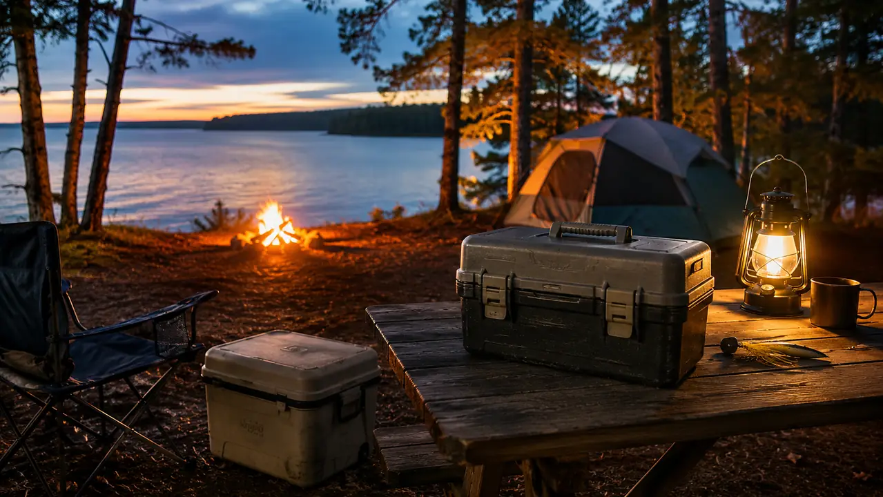 A lakeside camp at dusk with a tackle box set on a camp table beside a folded camp chair and a cooler, a tent and a warm lantern glow behind