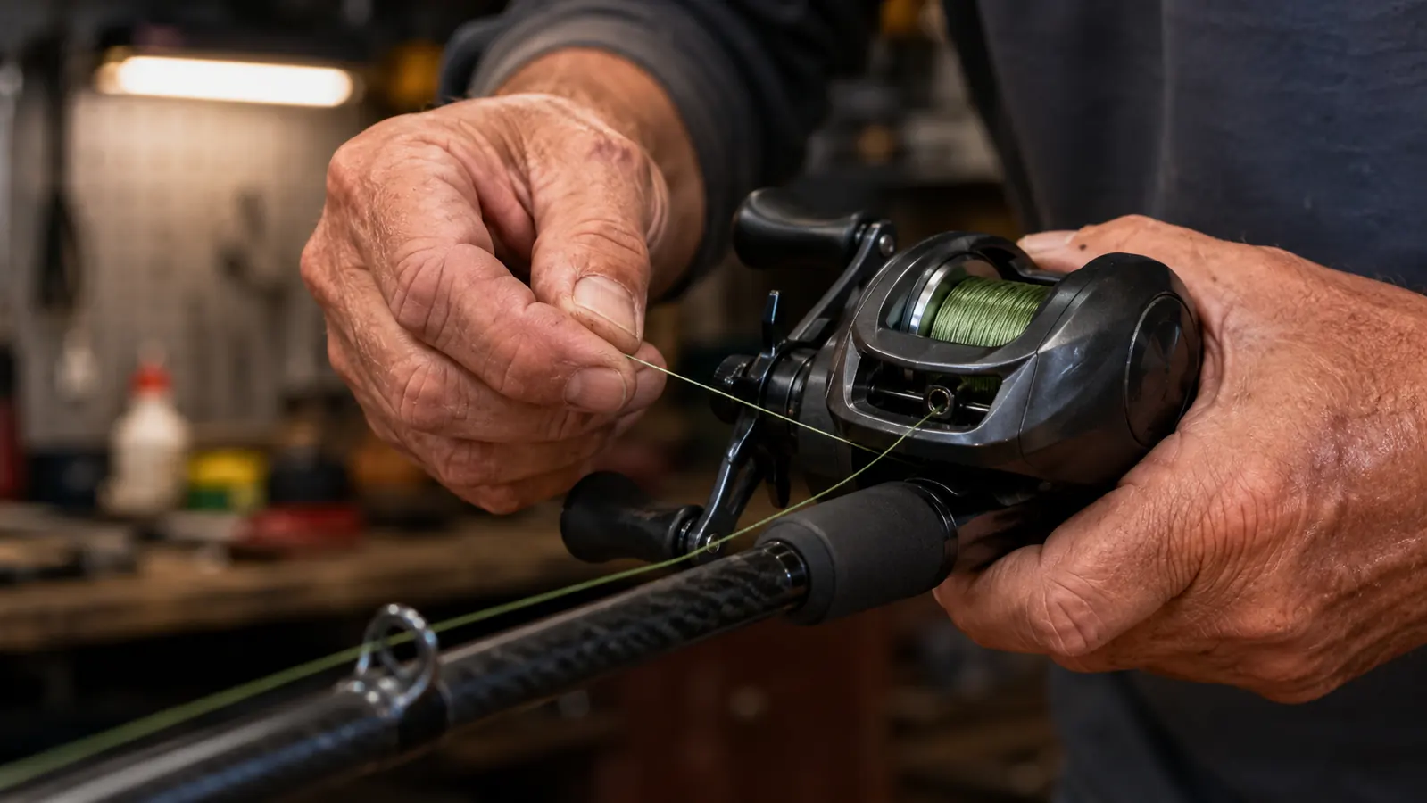 Hands spooling fresh braid onto a baitcaster reel seated on a rod, the line running through the first rod guide under an even hand
