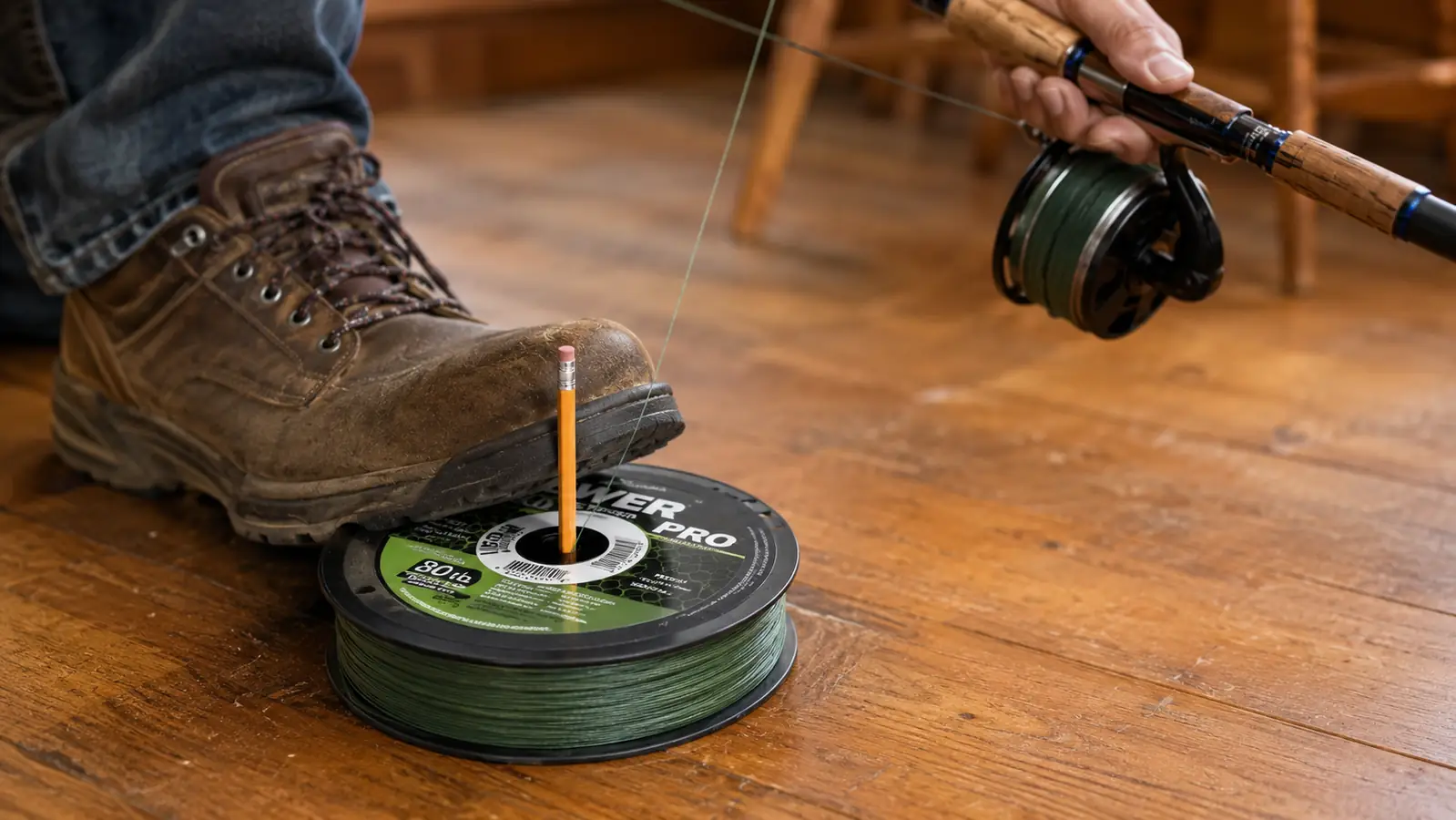 A bulk spool of braided fishing line laid flat on a wood floor with a pencil through its center, held still by a boot while the line runs up to a rod and reel held above