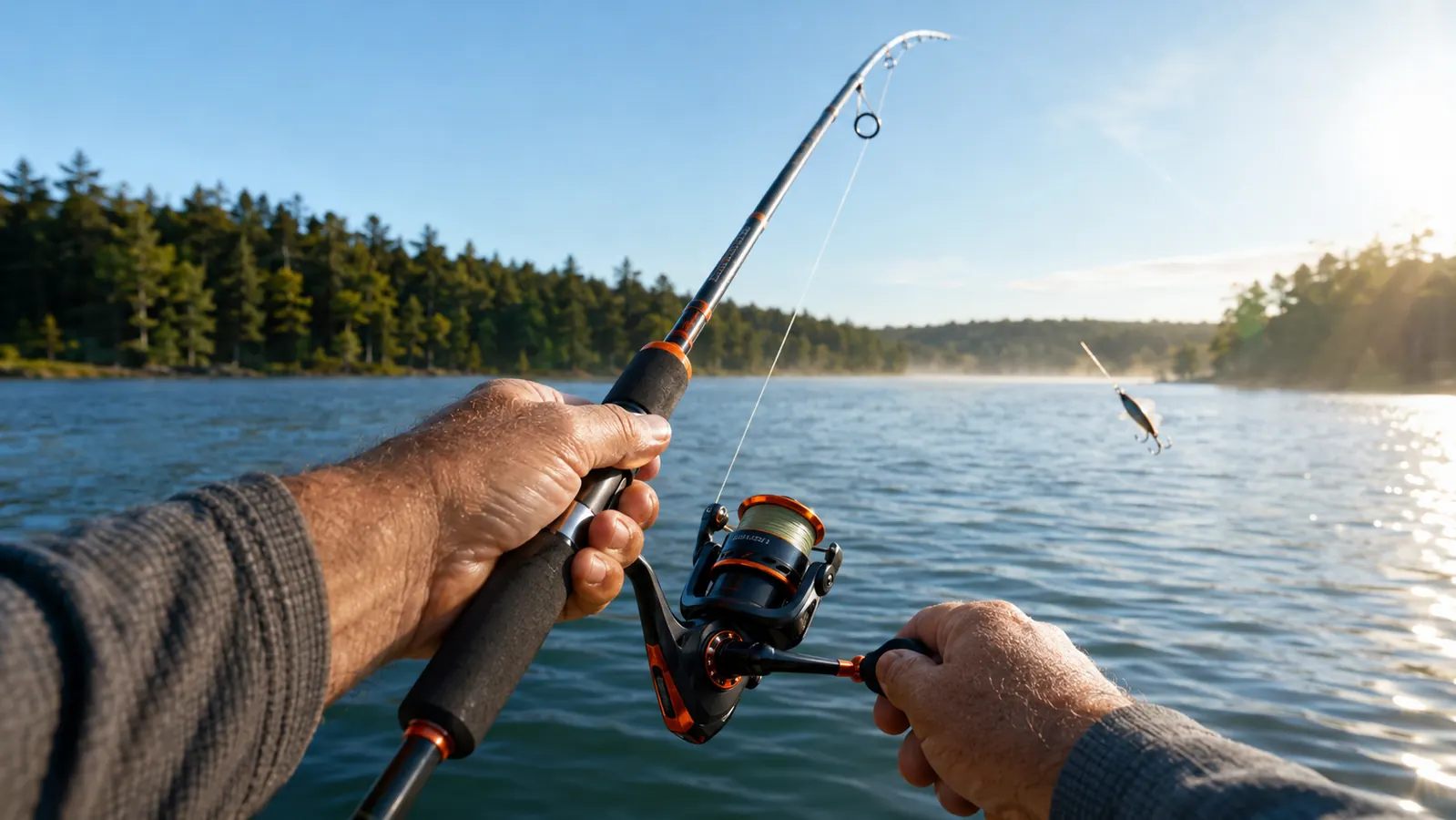 A boy's hands casting a spinning rod and reel combo from the deck of a fishing boat, line arcing off the reel, water and treeline behind him