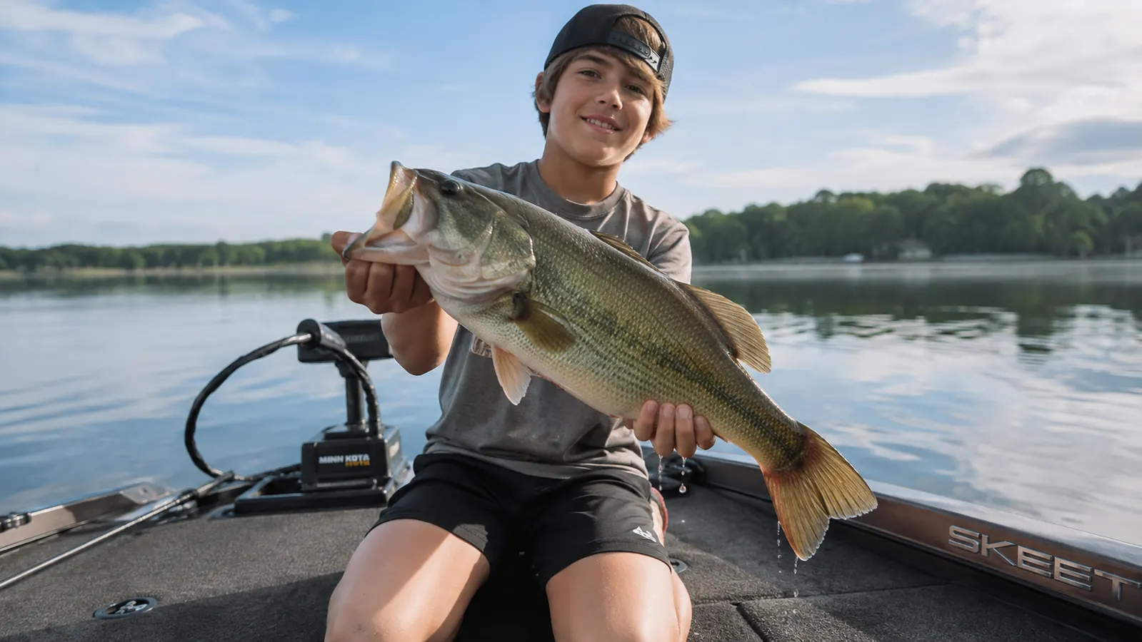 A boy kneeling on a boat deck holding a largemouth bass with both hands, the fish still wet and dripping, morning light on the water behind him