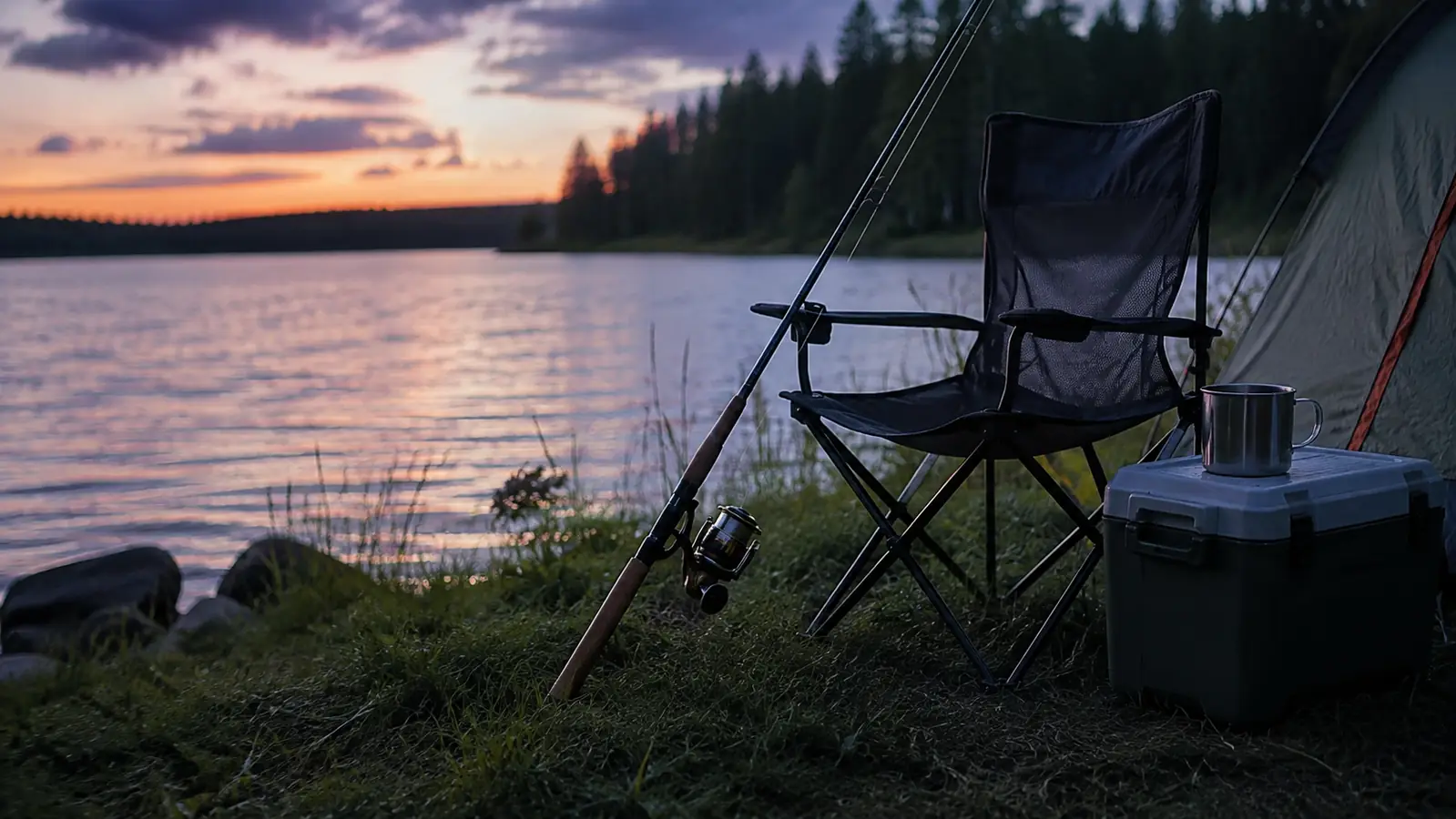 A spinning rod and reel combo leaning against a folding camp chair on a grassy bank, coffee mug on a cooler, dusk over the water