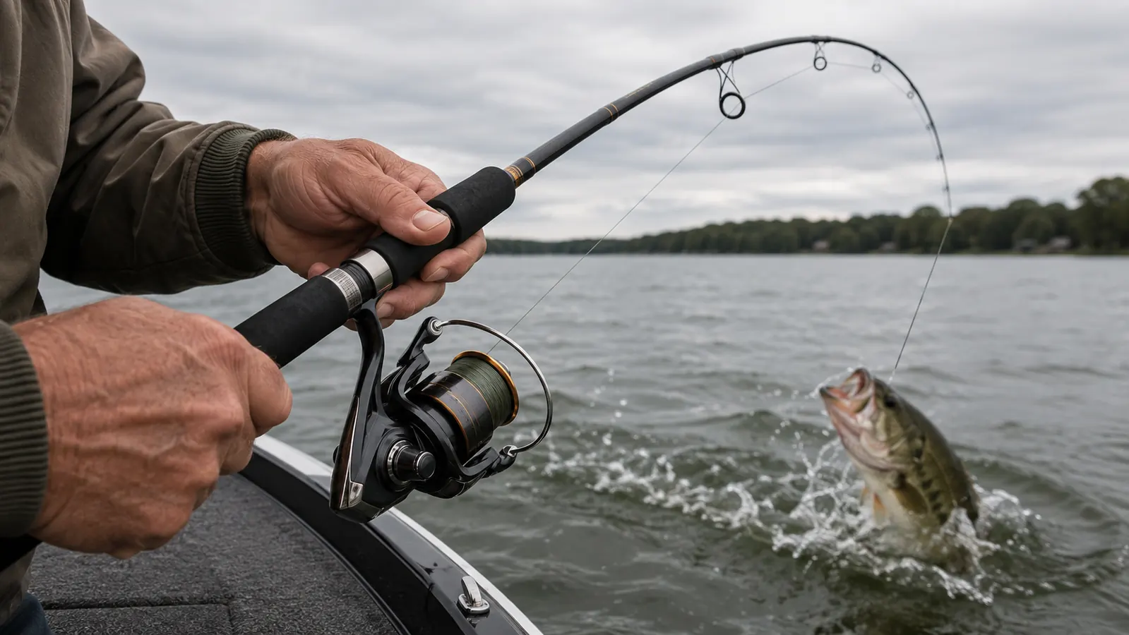 An angler's hand on the reel handle of a spinning rod and reel combo with a largemouth bass coming up beside the boat