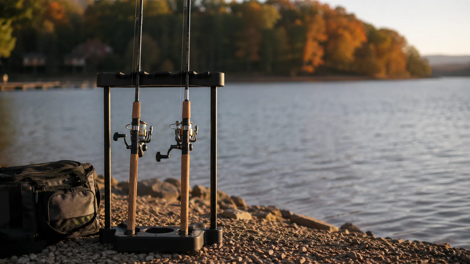 Two spinning rod combos standing side by side in a portable rod holder rack at the water's edge on a gravel bank