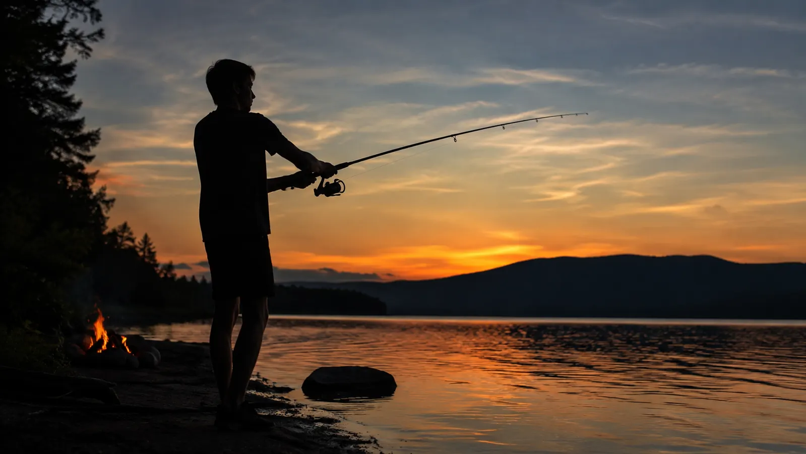 A boy casting a rod from the edge of a lake at dusk, the water flat and the light fading