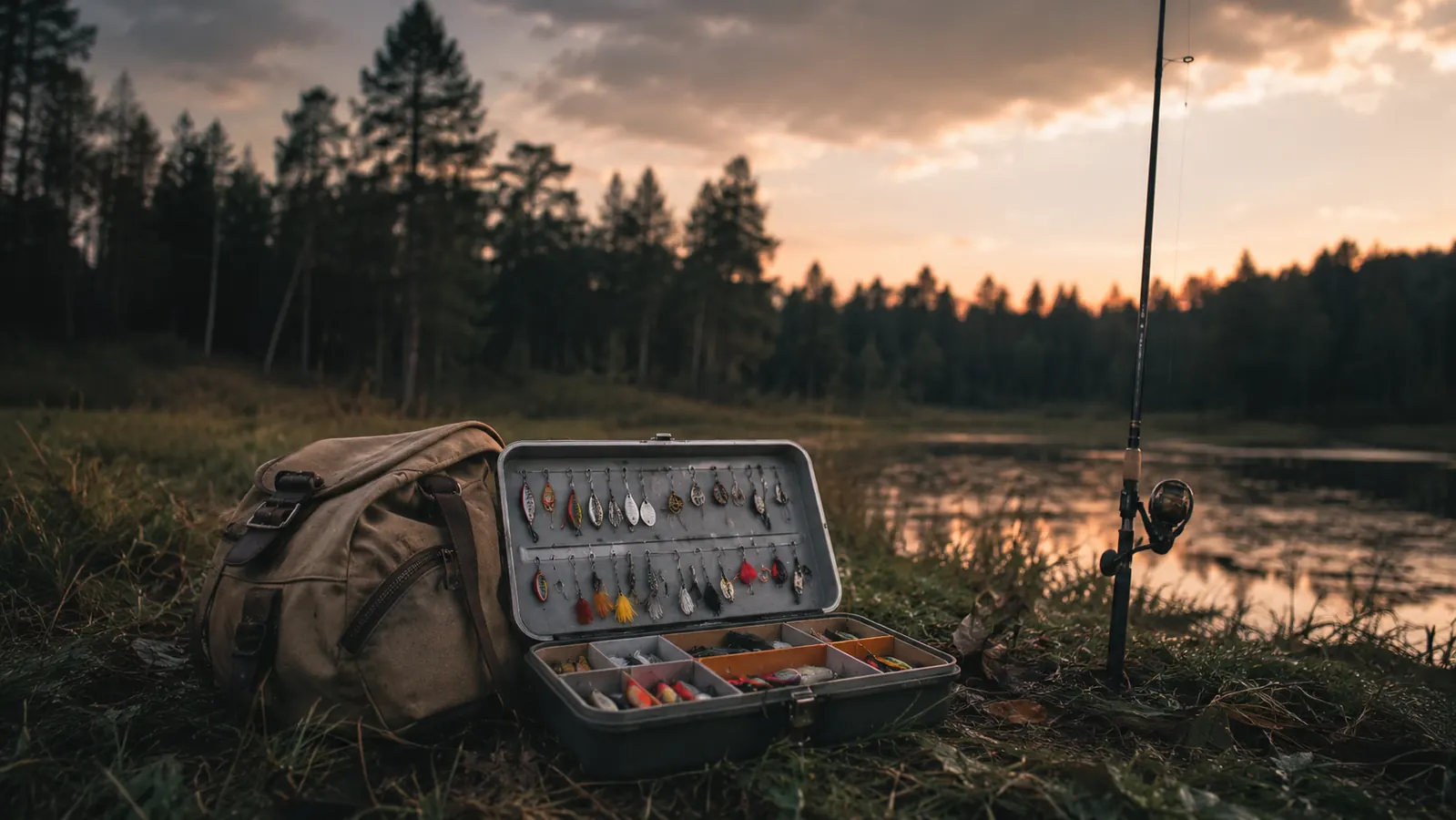 An open tackle box laid on a grassy bank beside a canvas daypack, a fishing rod standing upright in a bank stick at dusk