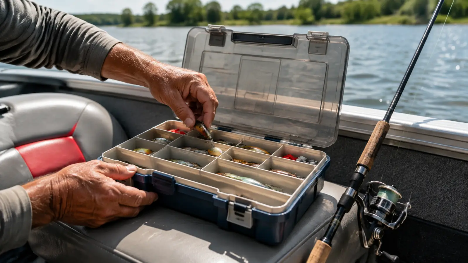 An angler's hand reaches into an open tackle box to pick out a lure while the box rests on the boat