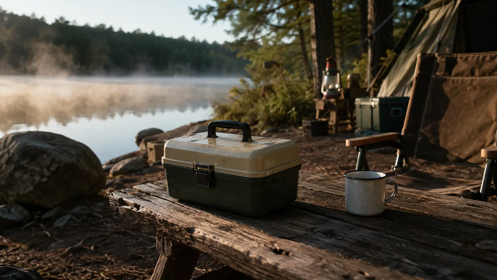 A tackle box sits on a wooden camp table beside a tin coffee mug at a morning campsite by a lake