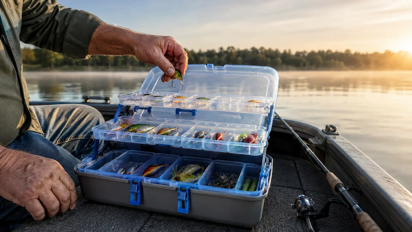 An angler's hand pulling a lure from an open PLUSINNO tackle box resting on the deck of a small aluminum boat, a rod leaning on the gunwale