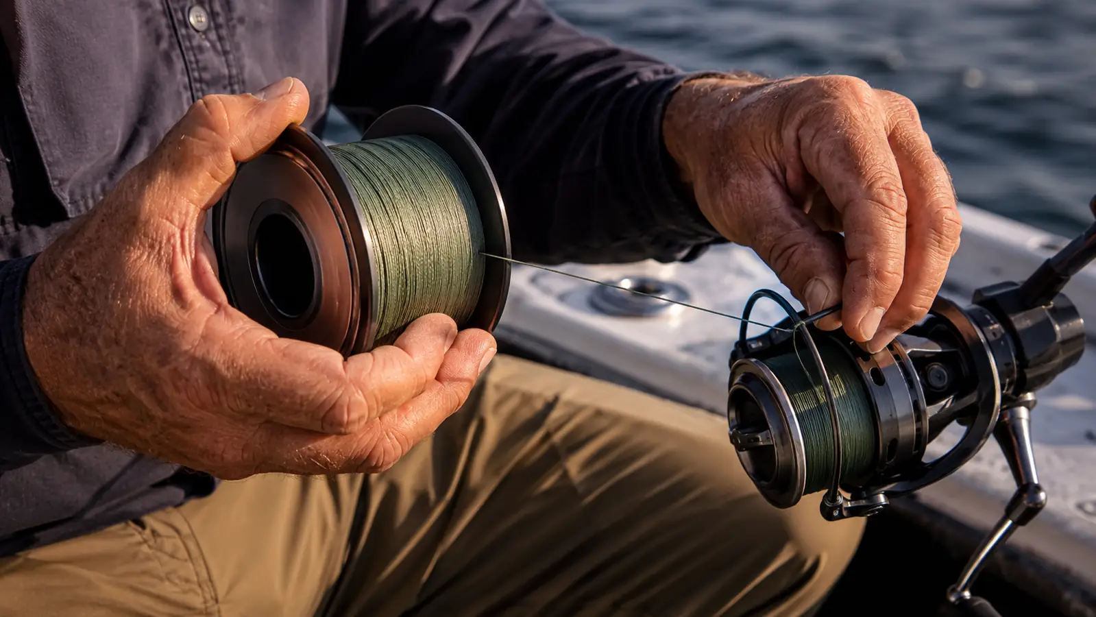 Hands spooling braided fishing line from a spool onto a spinning reel on a boat deck.