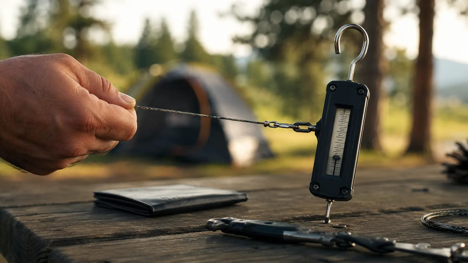 A hand pulling a loop of braided fishing line taut against a compact spring scale clamped to a camp table in soft morning light