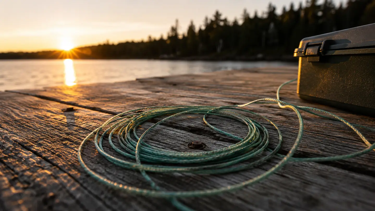 A braided fishing line laid in a loose coil across a weathered wooden dock plank at the end of a fishing day, with water and a treeline behind