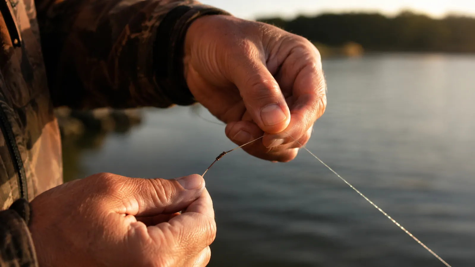 Close-up of an angler's hands cinching a fishing knot in braided line, line glinting in daylight, lake water blurred behind